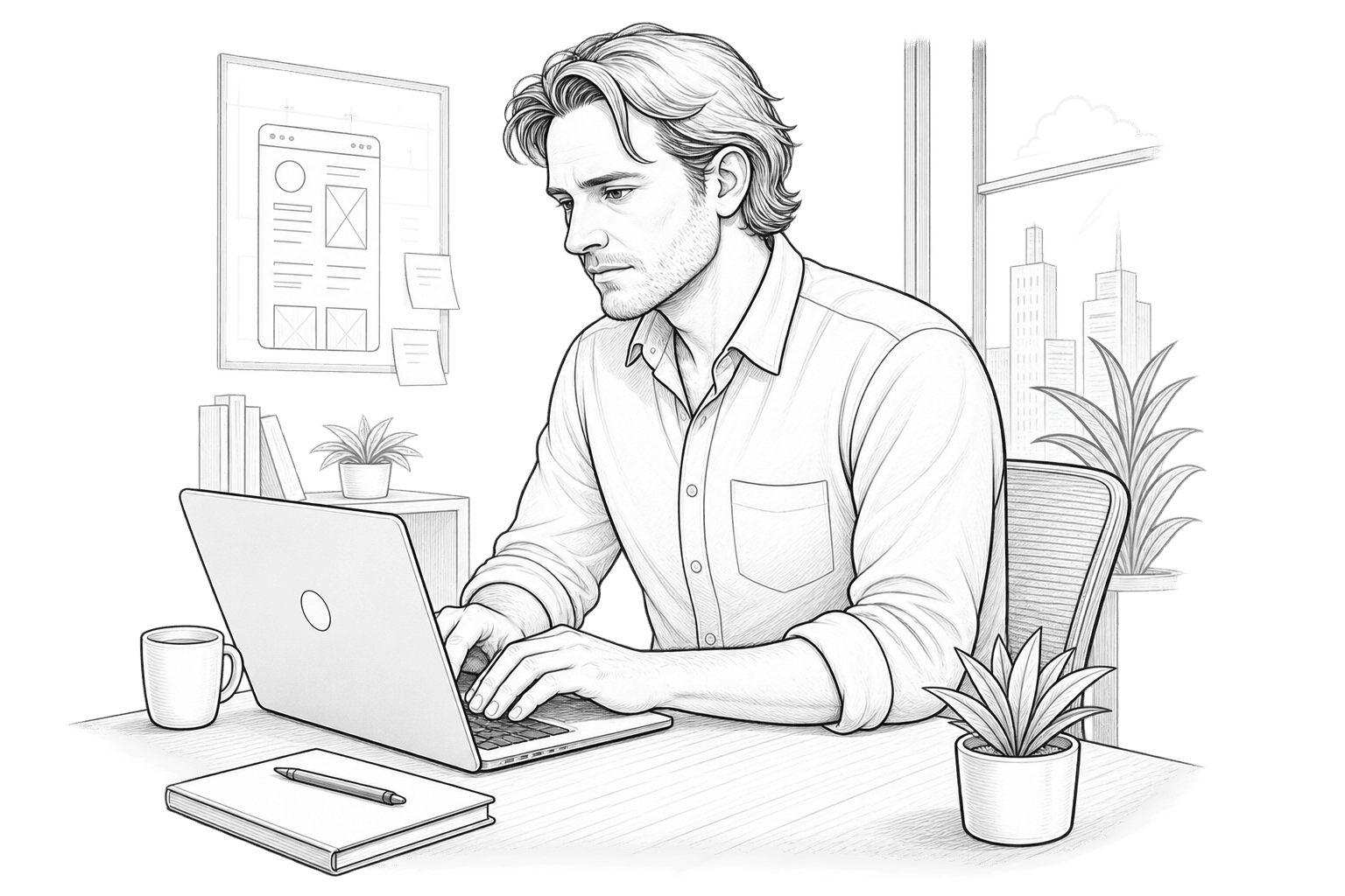 Line illustration of an app designer working at a laptop